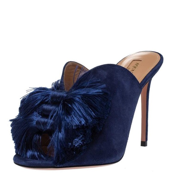 Aquazzura // Navy Blue Suede Lotus Blossom Mules - Picture 1 of 5
